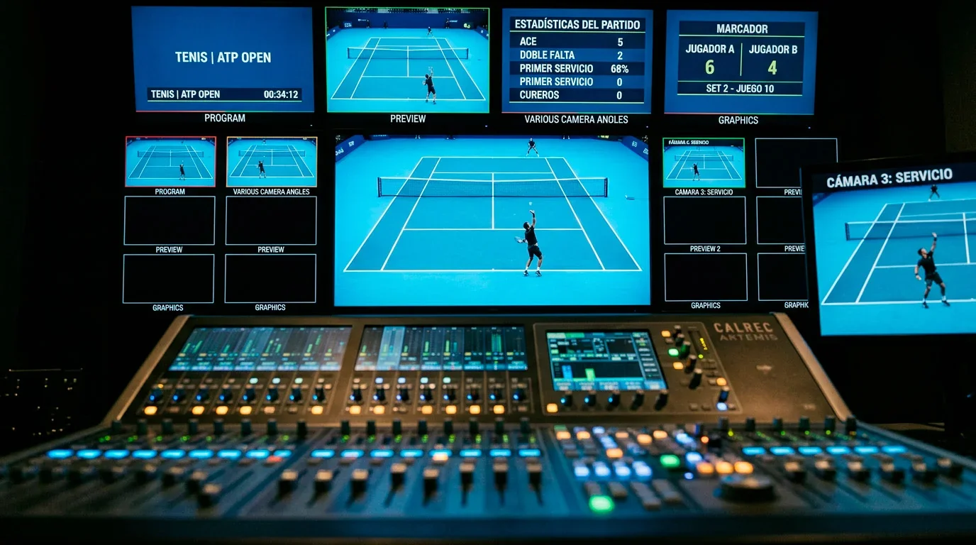 Pantallas de producción televisiva mostrando diferentes ángulos de cámara durante un partido del Australian Open